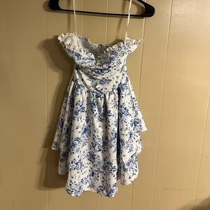 SHEIN White, Strapless Sundress with Blue Floral Print